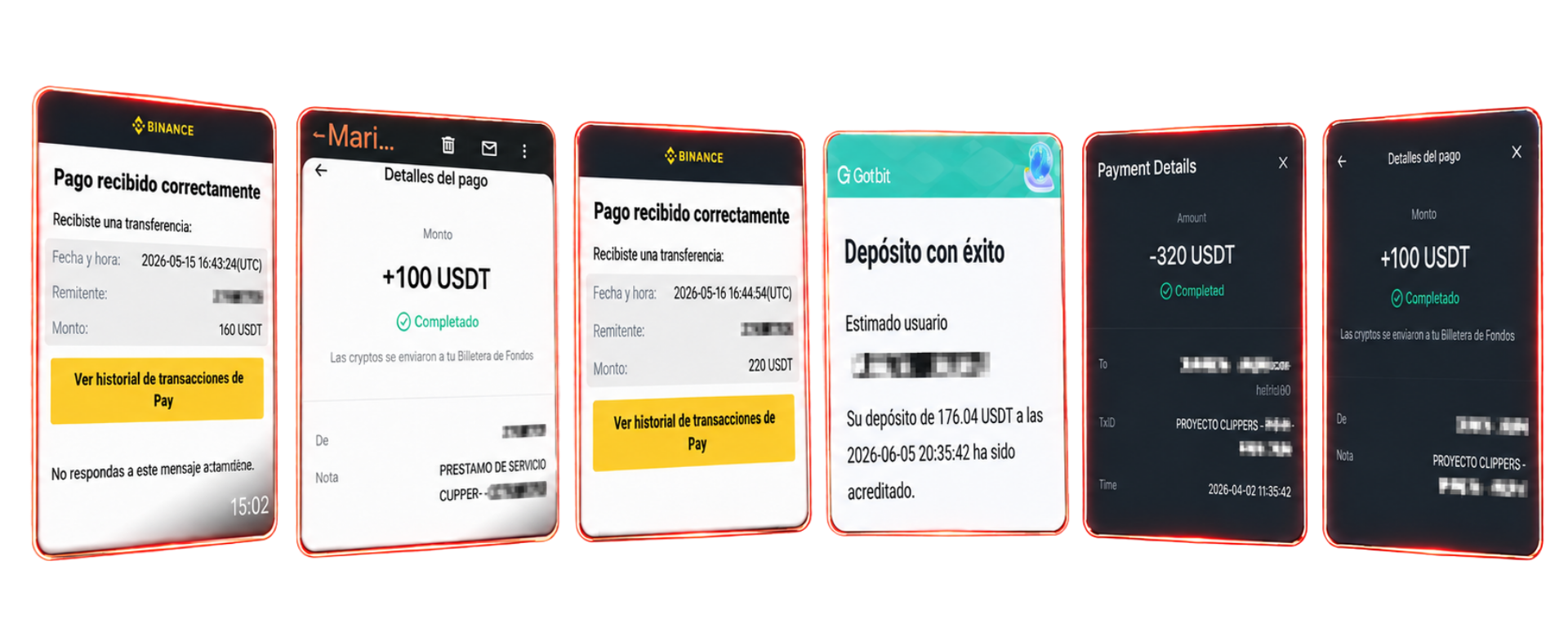 Capturas de pagos recibidos por clippers — Binance